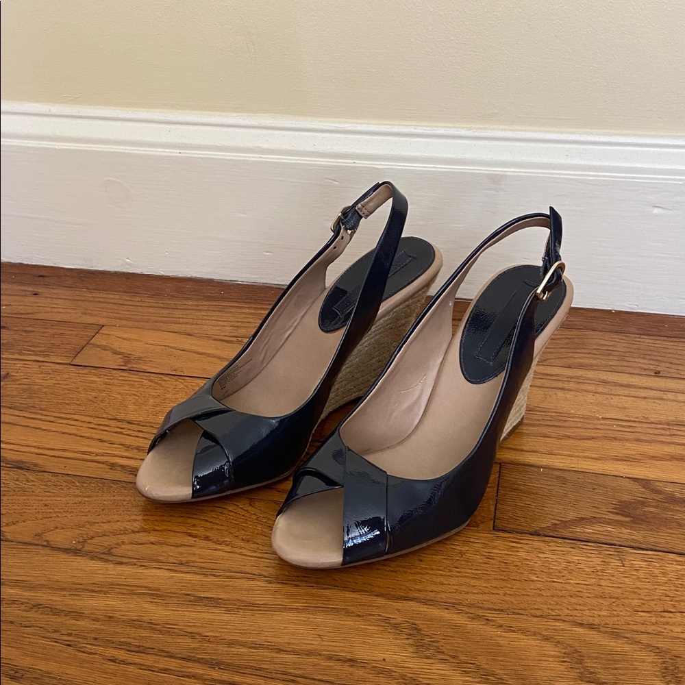 Banana Republic Navy Patent Leather Wedge Slingback Sandals - Picture 2 of 6